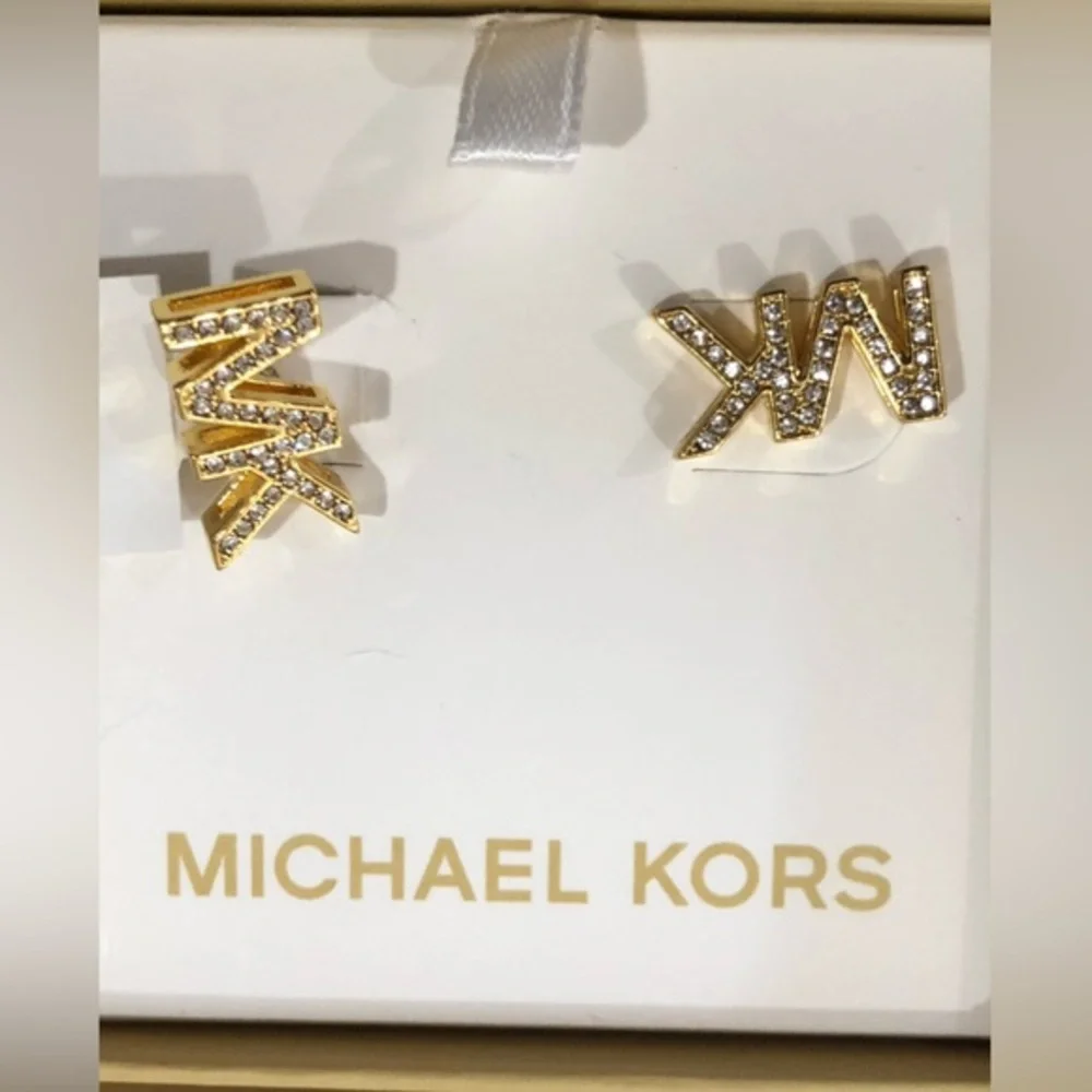 Michael Kors round crystal rhinestone embellished MK logo monogram stud earrings